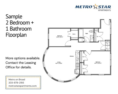 Floor plan for 2 beds, 1 bath, 1280 sqft